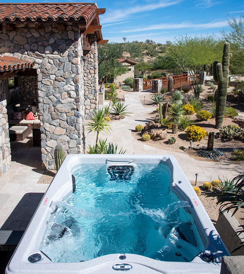 Native plants and desert flowers complement this above-ground swim spa installation