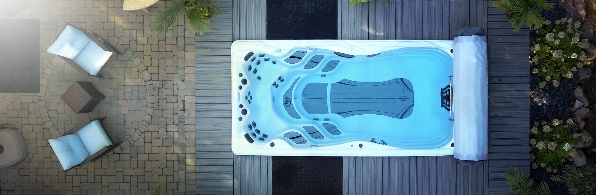 Top down drone view of a swim spa