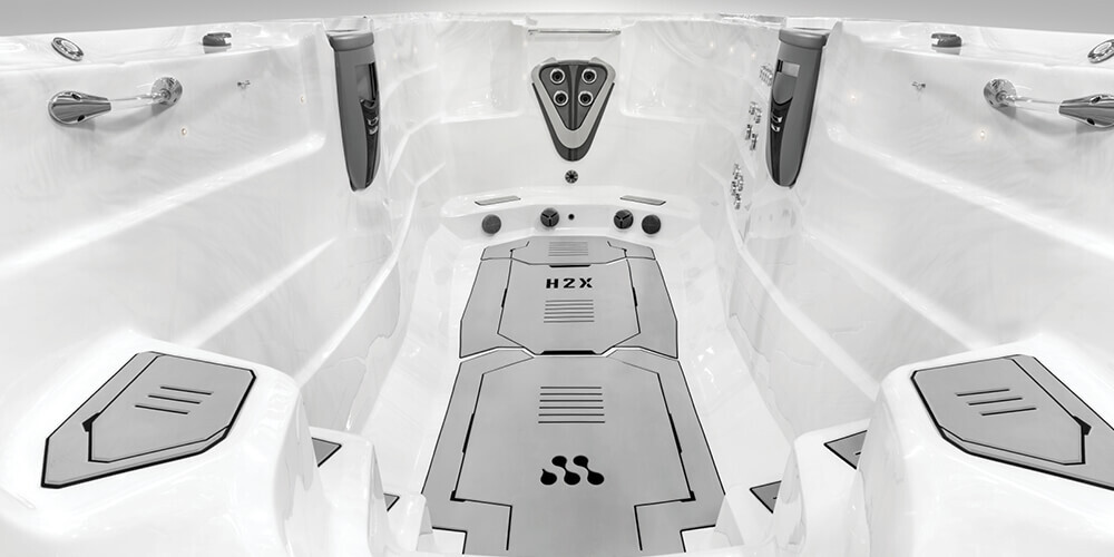Nonslip comfort floor system in a dry H2X Swim Spa.