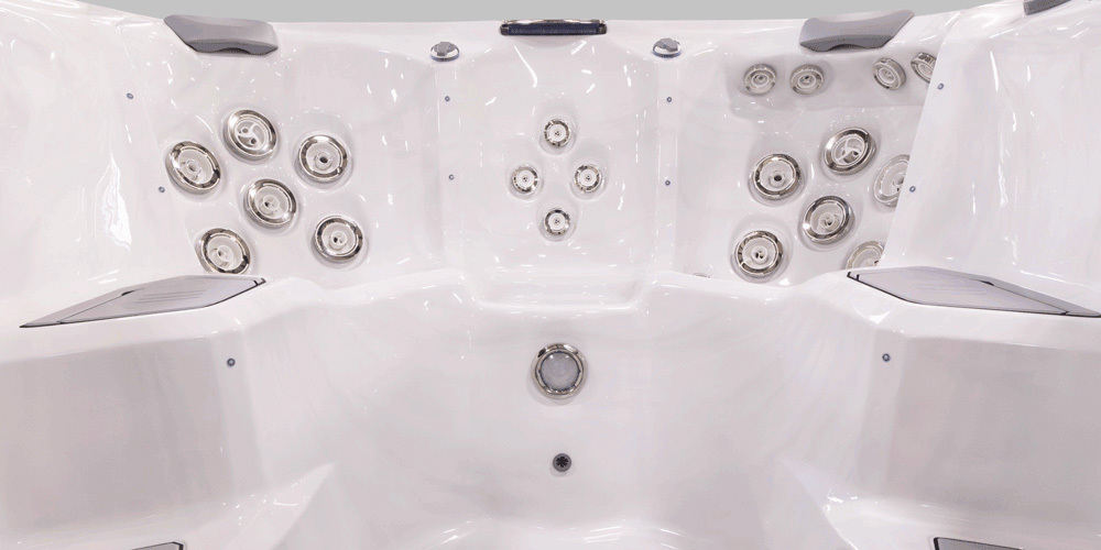 The jets in the seating area of a Trainer 12 swim spa.